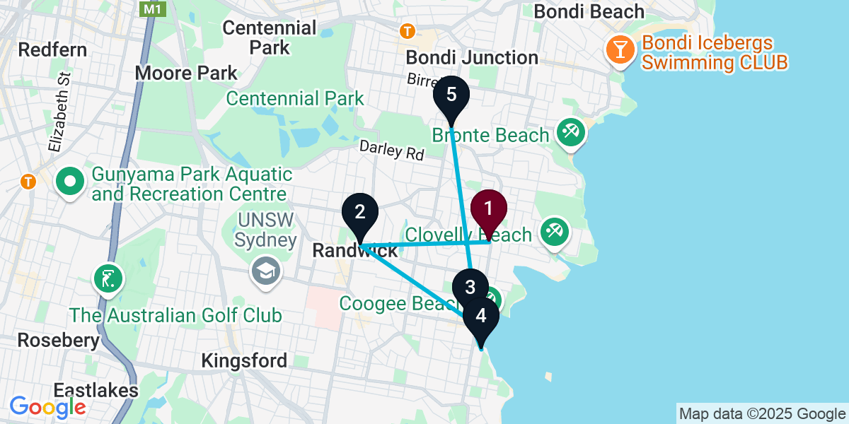 Map for 5-Stop Coogee Cocktail Bar Crawl