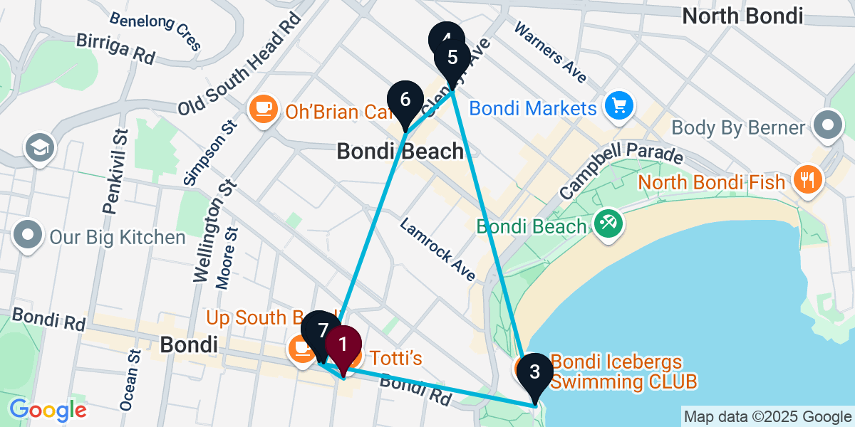 Map for 7-Stop Bondi Bar Crawl