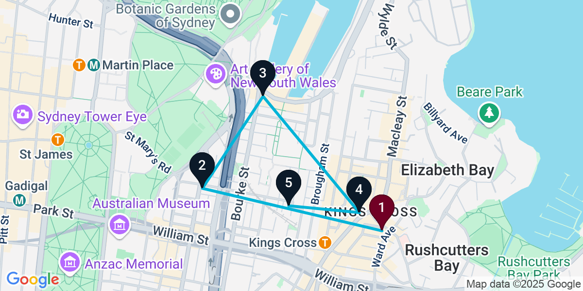 Map for 5-Stop Potts Point Pub Bar Crawl