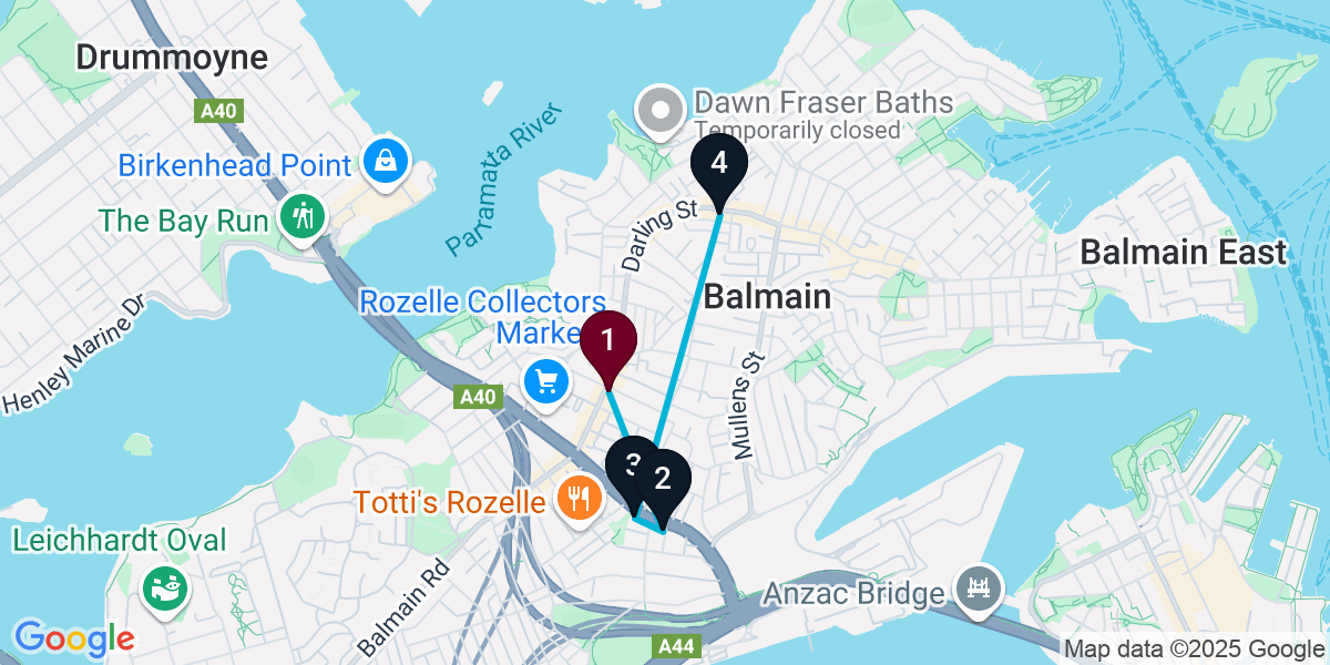 Map for 4-Stop Rozelle Bar Crawl