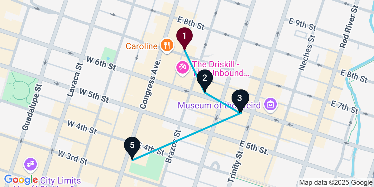 Map for 5-Stop Austin Live music Bar Crawl