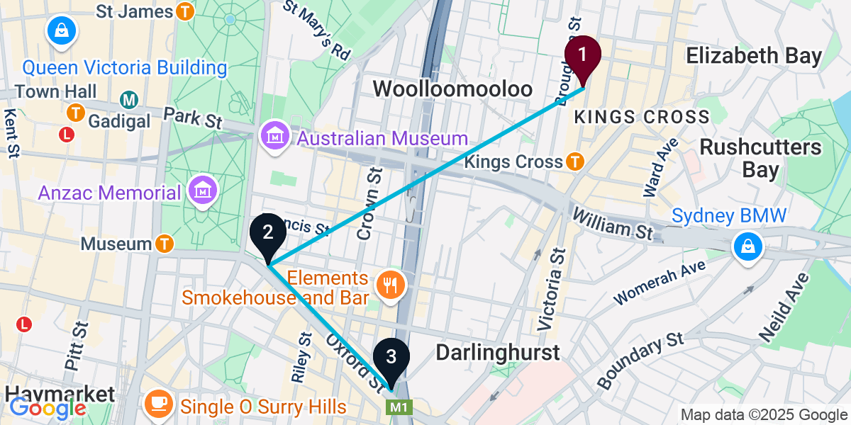 Map for 3-Stop Potts Point Nightclub Bar Crawl