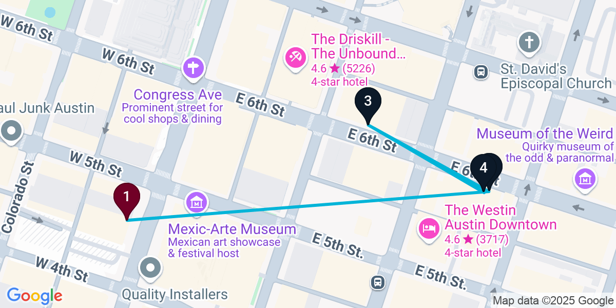 Map for 4-Stop Austin Live music Bar Crawl