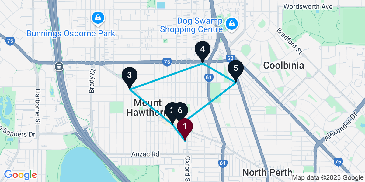 Map for 6-Stop Mount Hawthorn Bar Crawl