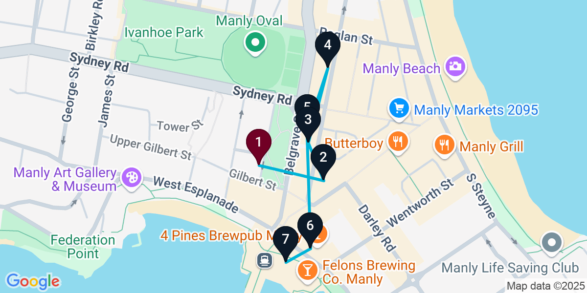Map for 7-Stop Manly Wine bar Bar Crawl