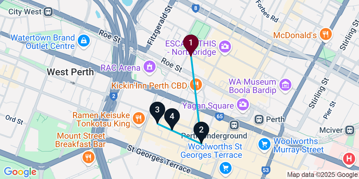 Map for 4-Stop Northbridge Pub Bar Crawl