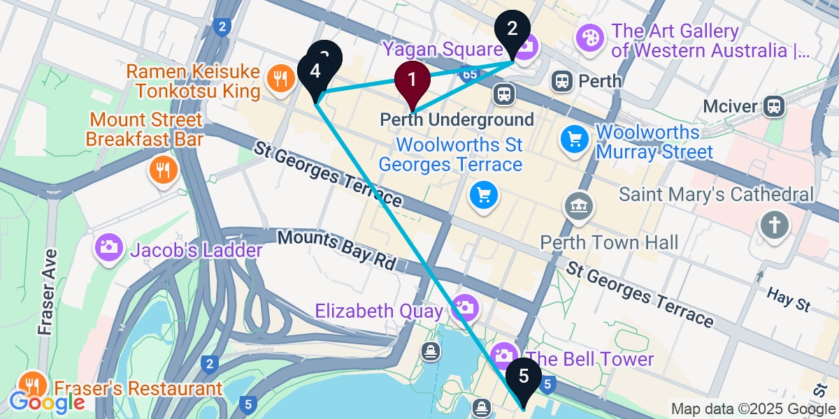 Map for 5-Stop Perth Cocktail Bar Crawl
