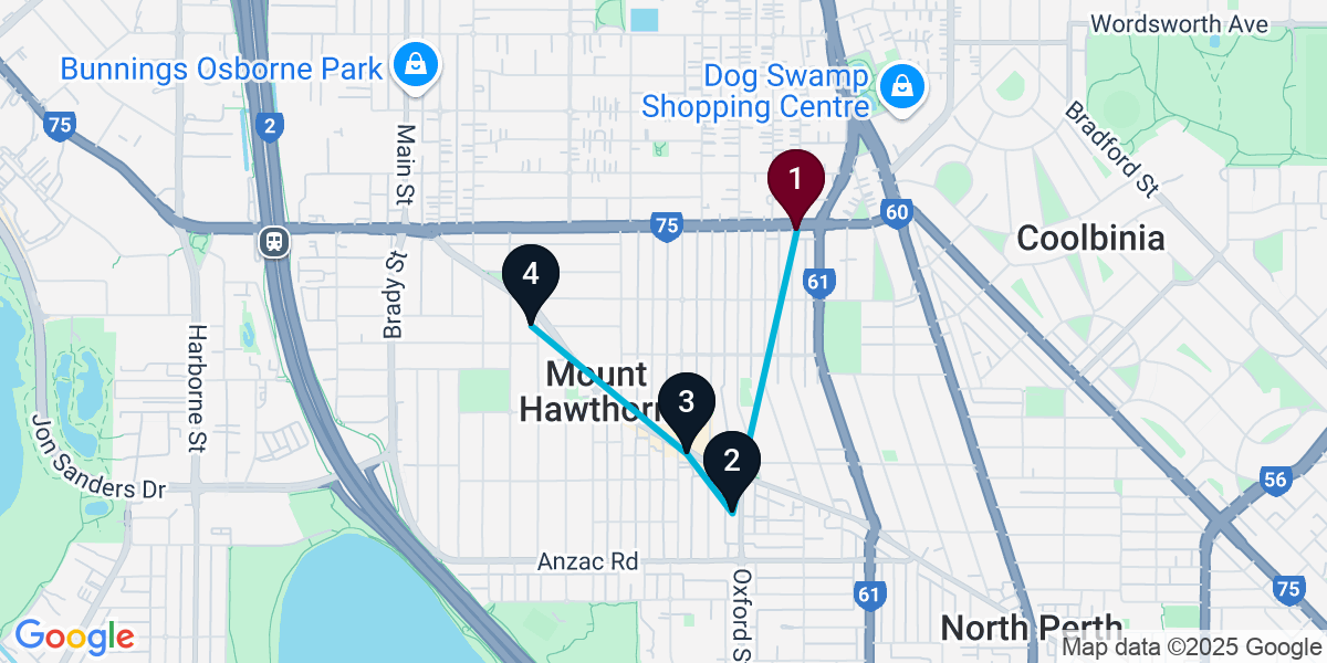 Map for 4-Stop Mount Hawthorn Bar Crawl