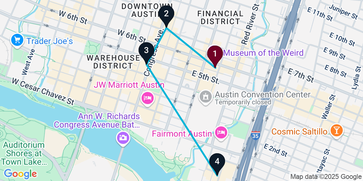 Map for 4-Stop Austin Rooftop Bar Crawl