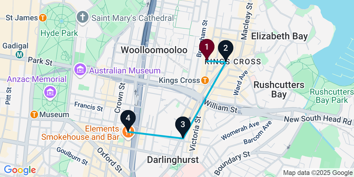 Map for 4-Stop Potts Point Rooftop Bar Crawl