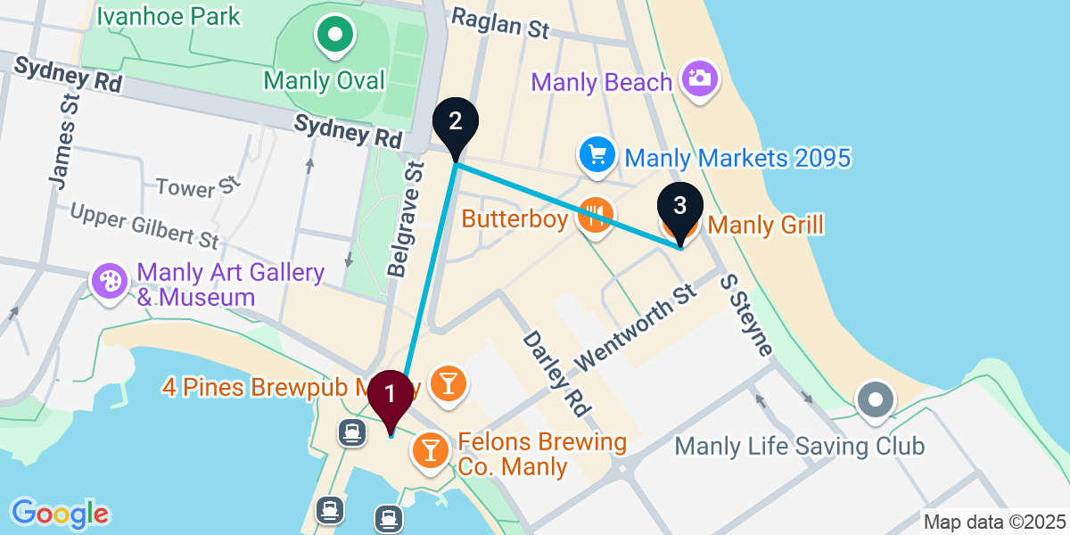 Map for 3-Stop Manly Sports bar Bar Crawl