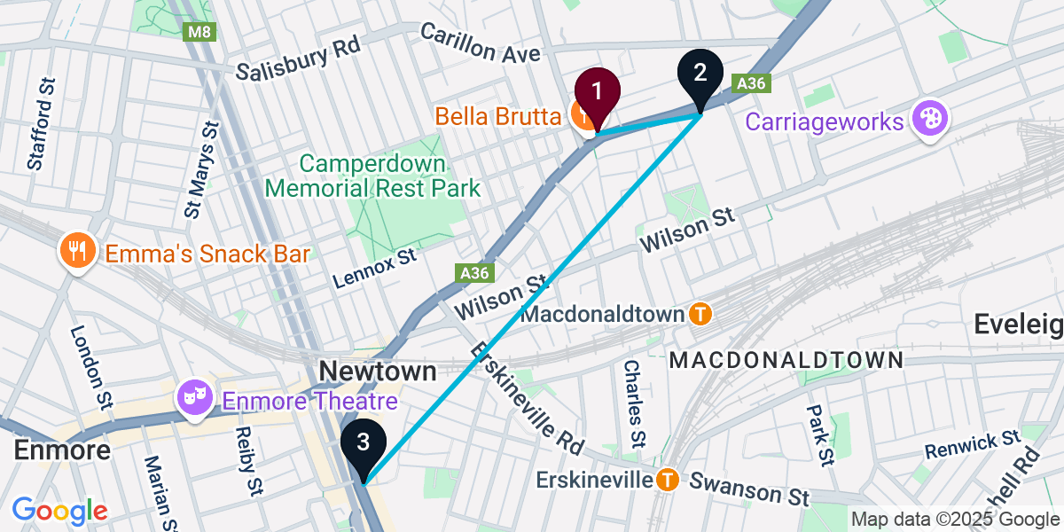 Map for 3-Stop Newtown Cocktail Bar Crawl