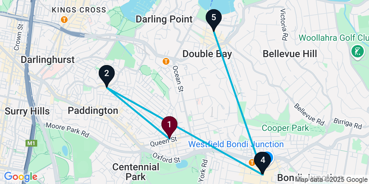 Map for 5-Stop Woollahra Cocktail Bar Crawl