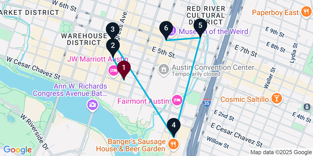 Map for 6-Stop Austin Cocktail Bar Crawl
