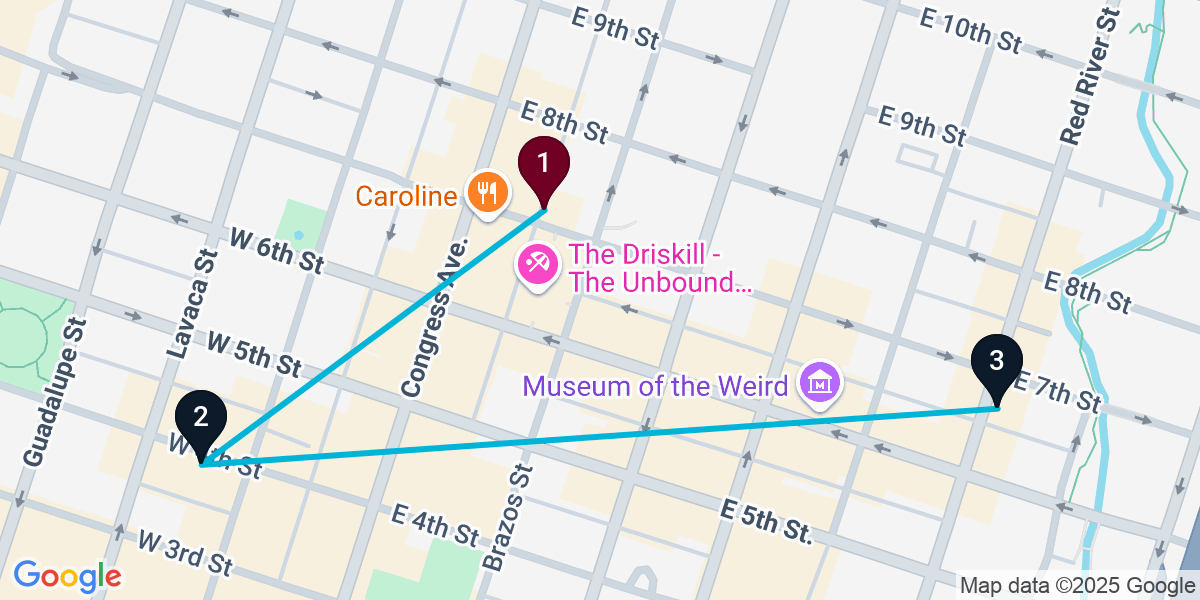 Map for 3-Stop Austin Nightclub Bar Crawl