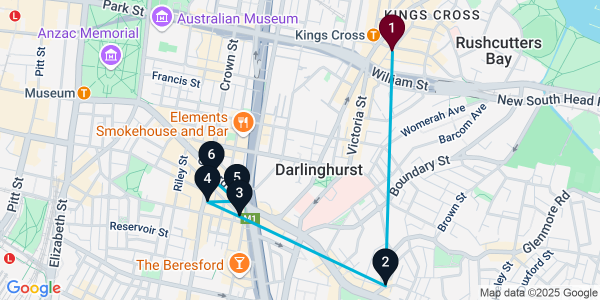 Map for 6-Stop Potts Point Live music Bar Crawl