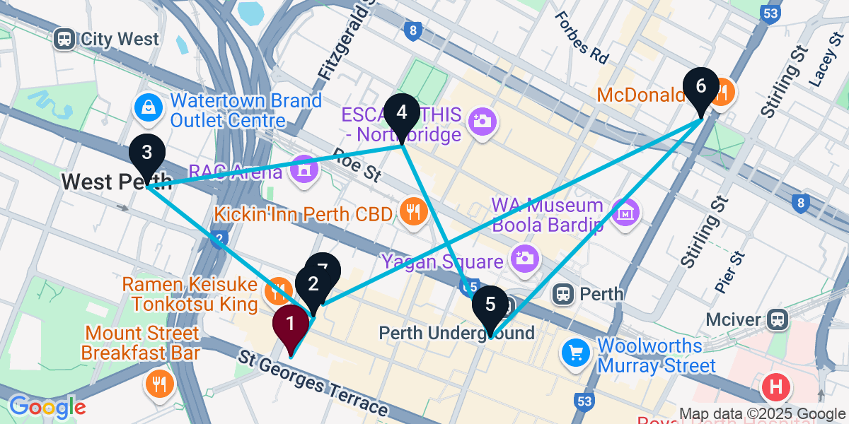 Map for 7-Stop Perth Bar Crawl