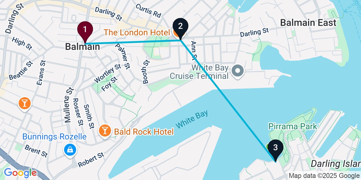 Map for 3-Stop Balmain Rooftop Bar Crawl