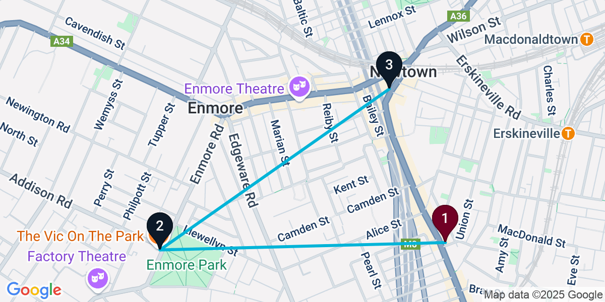 Map for 3-Stop Newtown Live music Bar Crawl