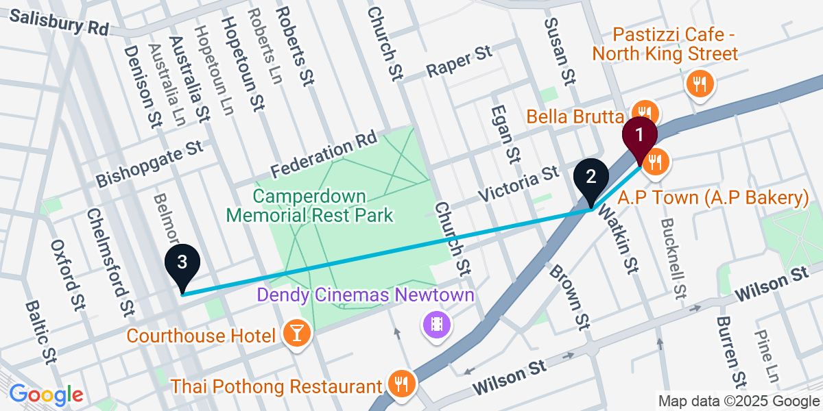 Map for 3-Stop Newtown Pub Bar Crawl
