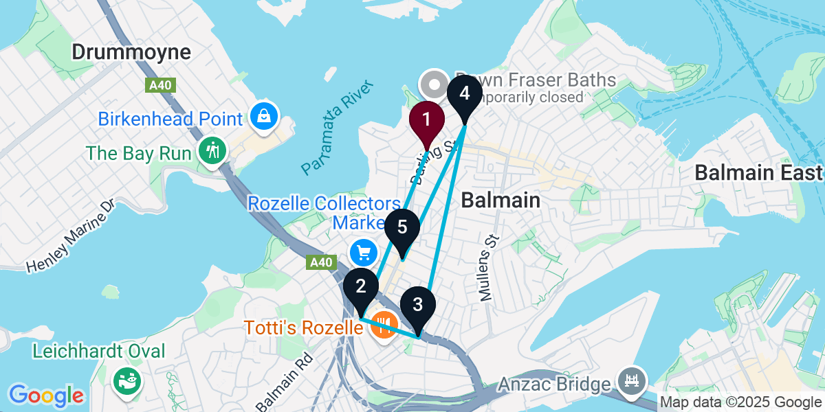 Map for 5-Stop Balmain Bar Crawl