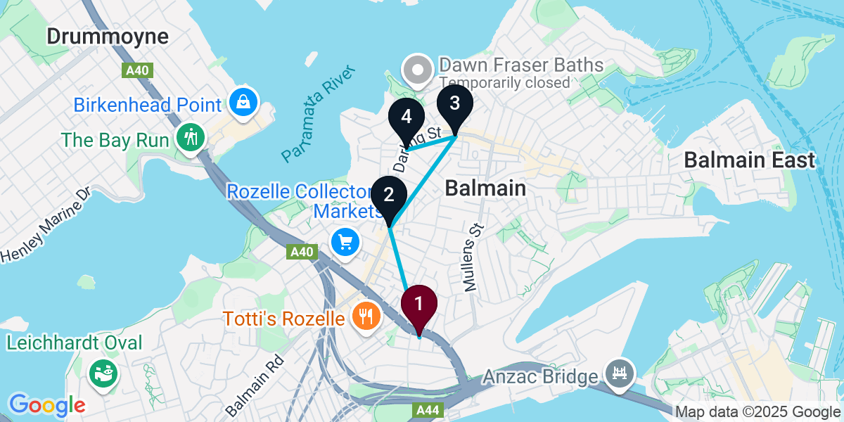 Map for 4-Stop Rozelle Cocktail Bar Crawl