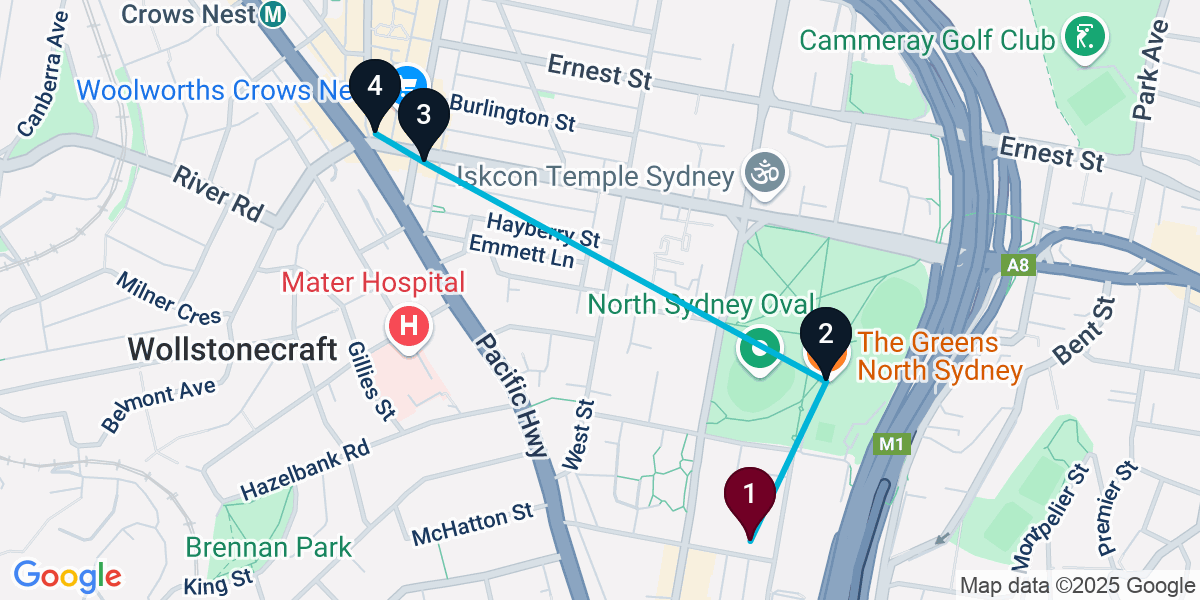 Map for 4-Stop North Sydney Bar Crawl