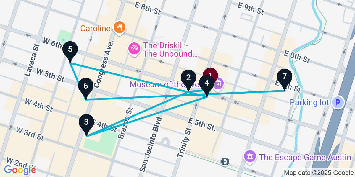 Map for 7-Stop Austin Bar Crawl