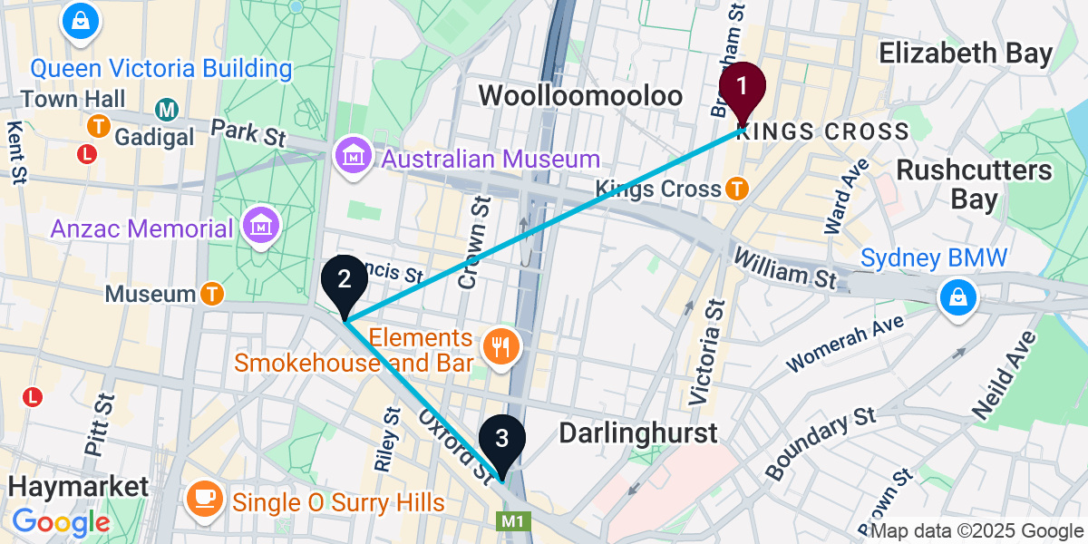 Map for 3-Stop Potts Point Nightclub Bar Crawl