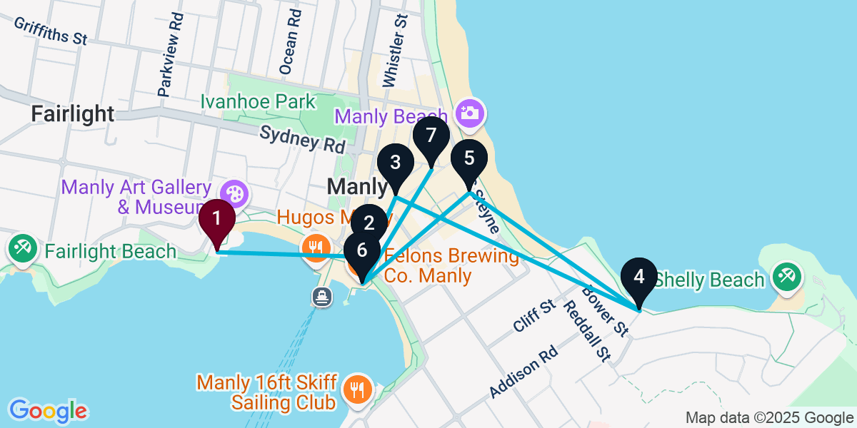 Map for 7-Stop Manly Pub Bar Crawl
