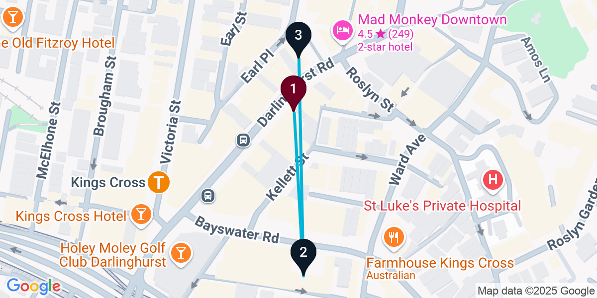 Map for 3-Stop Potts Point Rooftop Bar Crawl