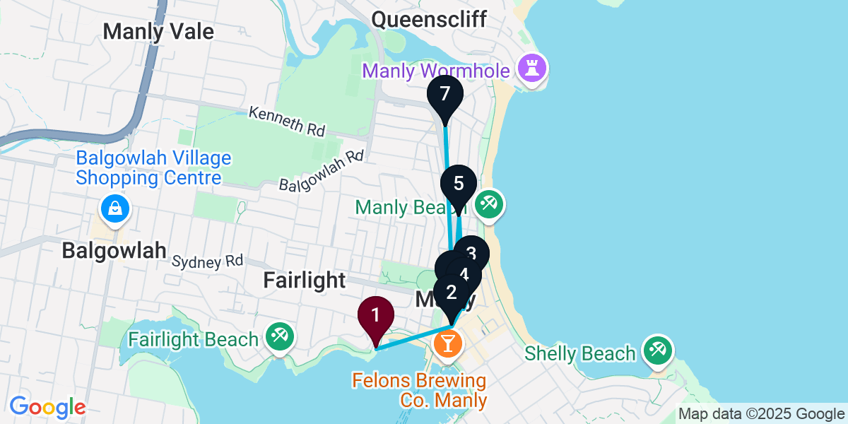 Map for 7-Stop Manly Bar Crawl
