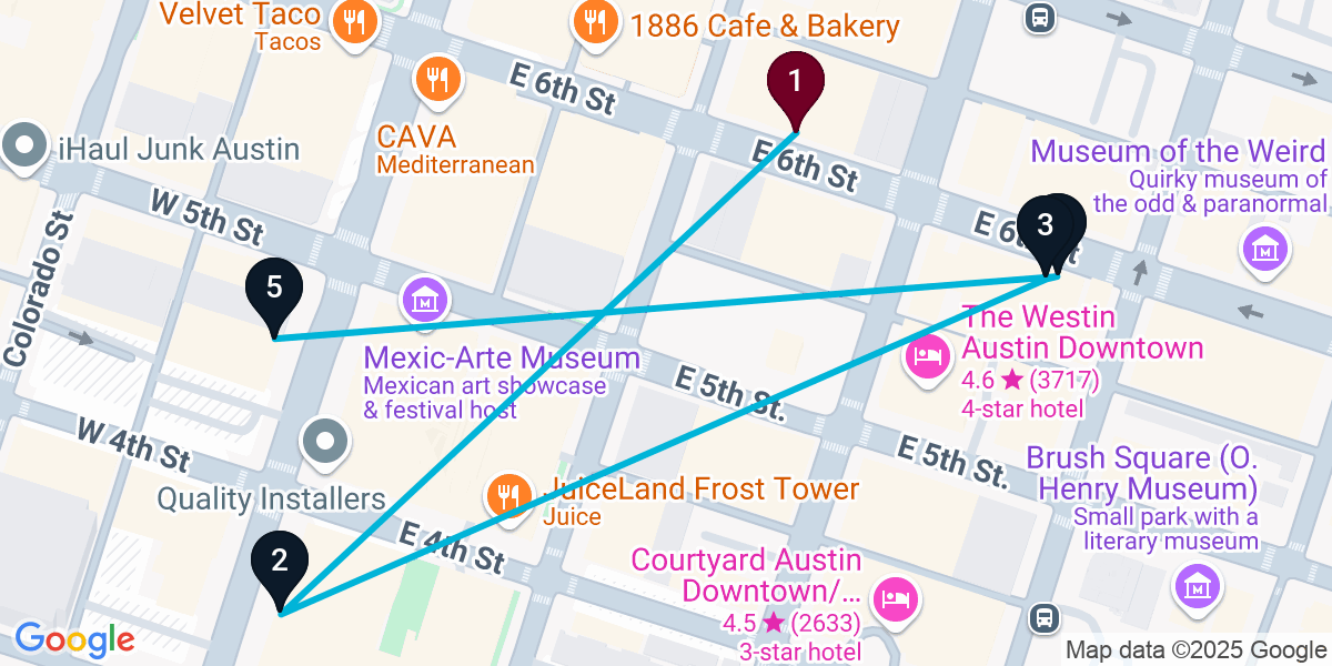 Map for 5-Stop Austin Live music Bar Crawl