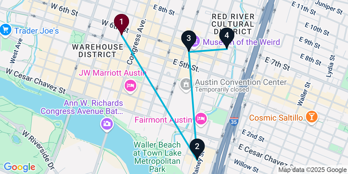 Map for 4-Stop Austin Bar Crawl