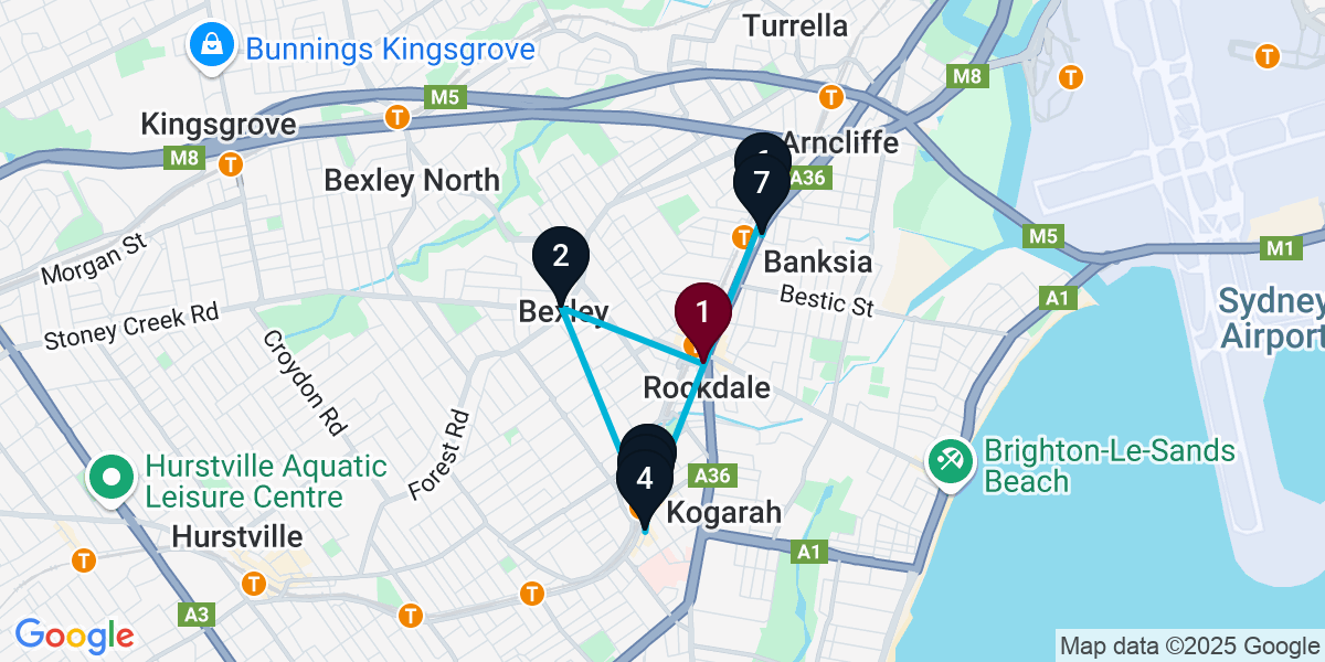 Map for 7-Stop Rockdale Pub Bar Crawl