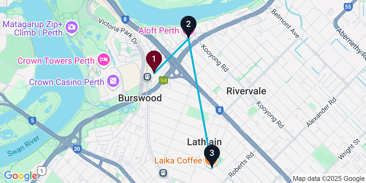 Map for 3-Stop Burswood Bar Crawl