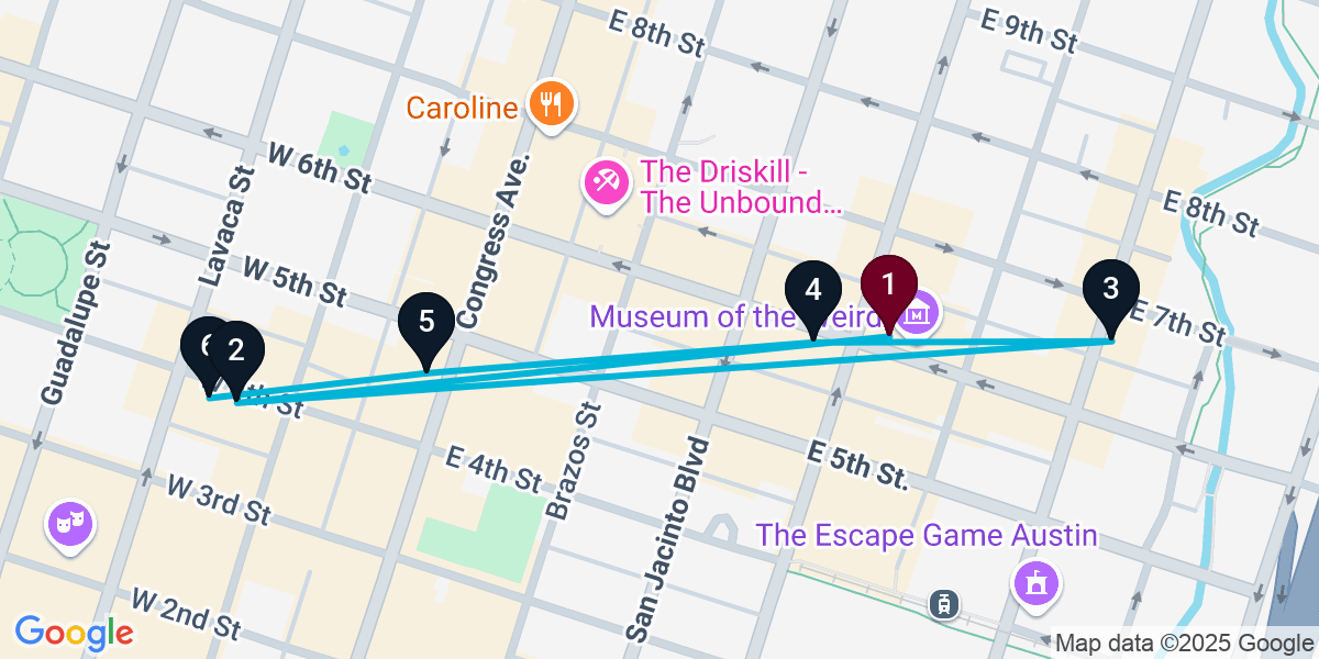 Map for 6-Stop Austin Nightclub Bar Crawl