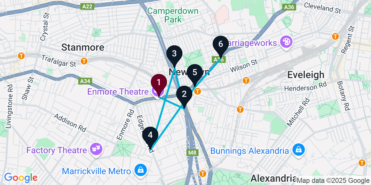 Map for 6-Stop Newtown Bar Crawl