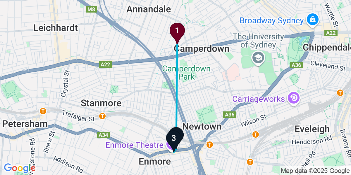 Map for 3-Stop Camperdown Bar Crawl