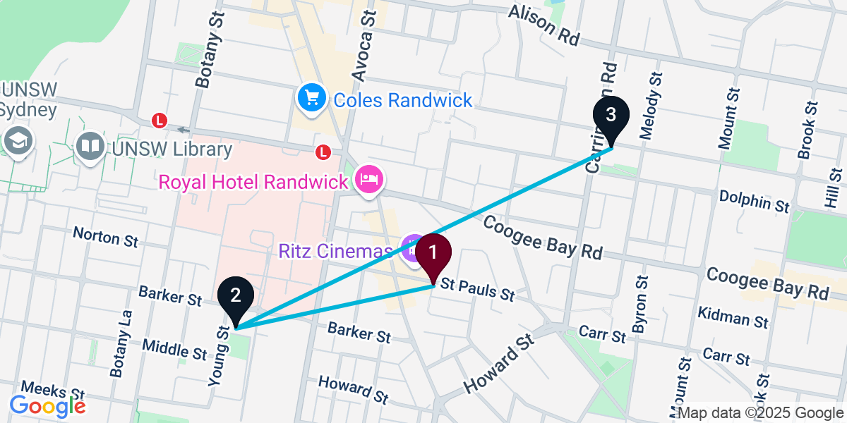 Map for 3-Stop Randwick Bar Crawl