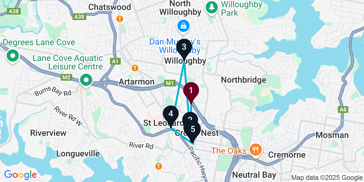 Map for 6-Stop Naremburn Cocktail Bar Crawl