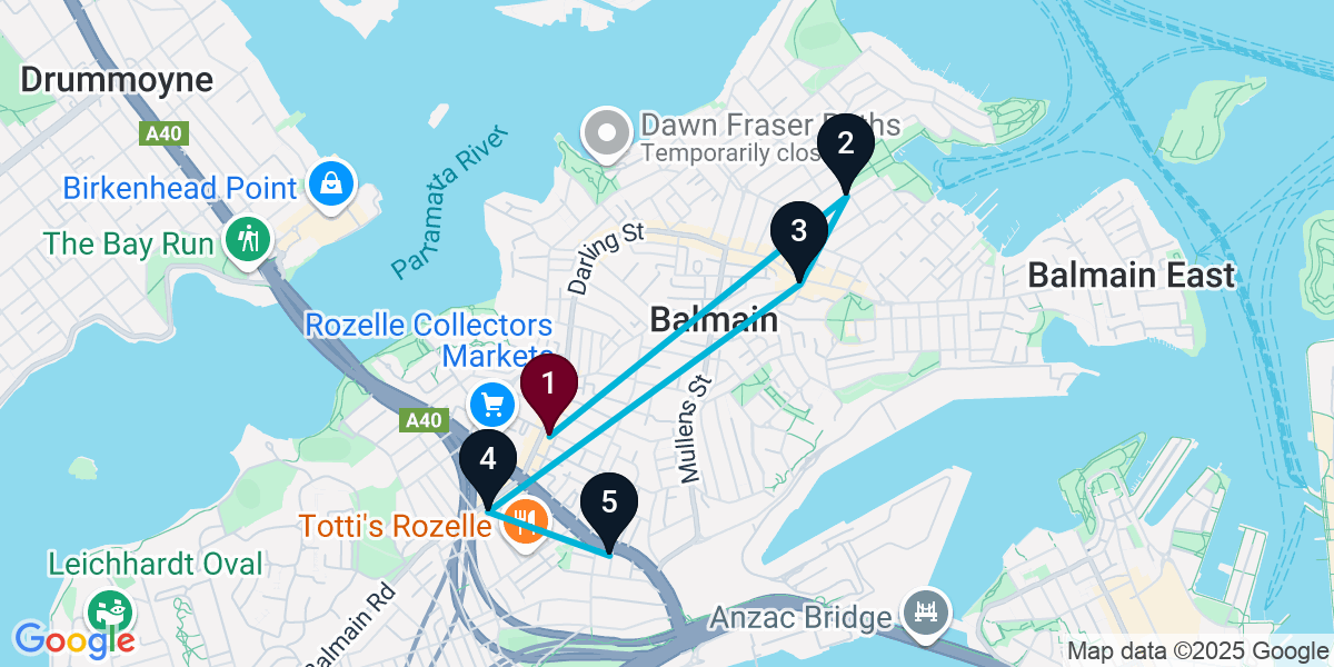 Map for 5-Stop Rozelle Pub Bar Crawl