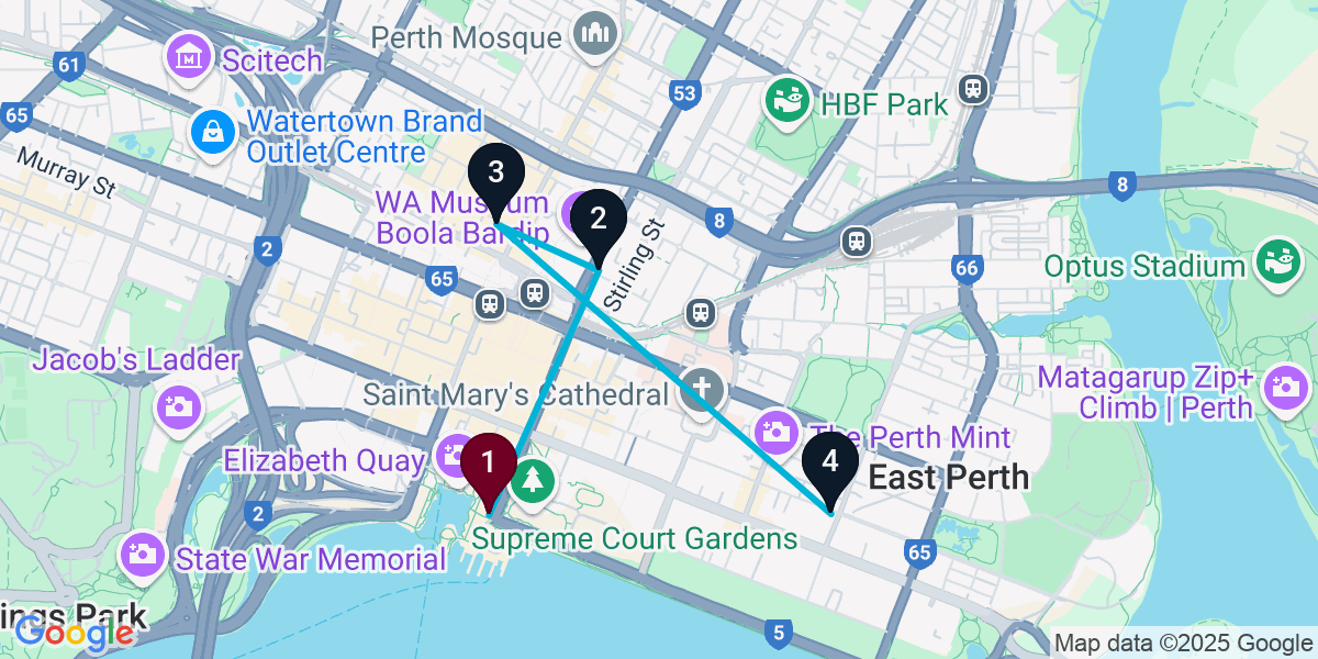 Map for 4-Stop Perth Nightclub Bar Crawl