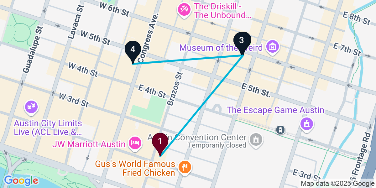 Map for 4-Stop Austin Live music Bar Crawl