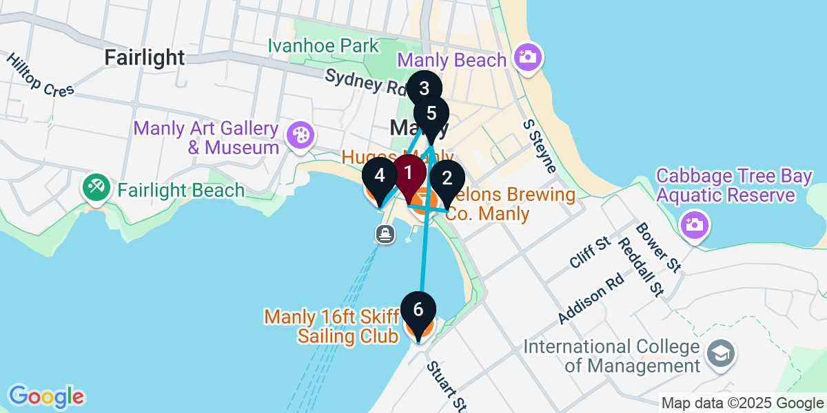 Map for 6-Stop Manly Bar Crawl