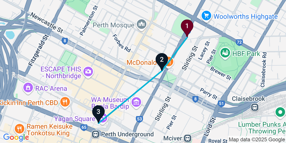 Map for 3-Stop Perth Cocktail Bar Crawl