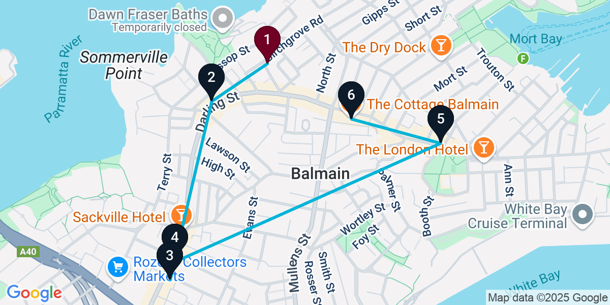 Map for 6-Stop Balmain Wine bar Bar Crawl