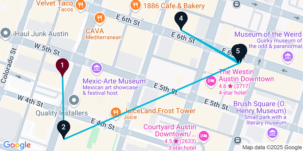 Map for 5-Stop Austin Live music Bar Crawl