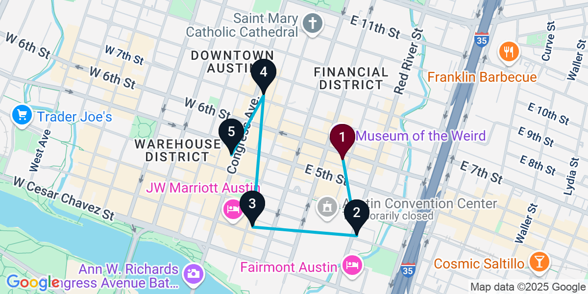 Map for 5-Stop Austin Bar Crawl