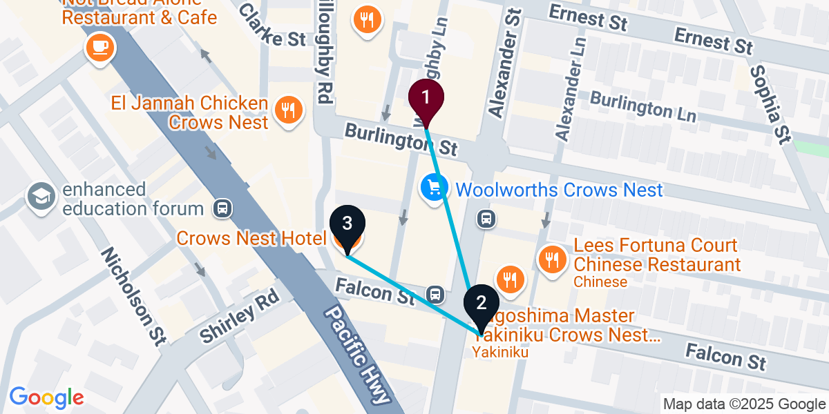 Map for 3-Stop Crows Nest Pub Bar Crawl